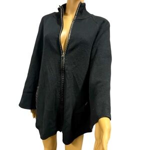 Cejon  Black Leather Trim Zip Up Knit Poncho With Pockets Womens One Size